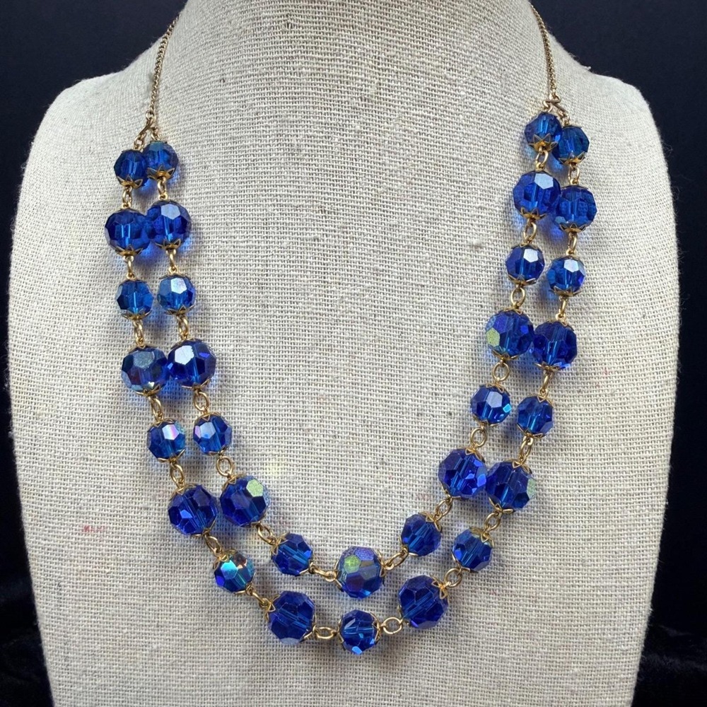 Vintage Glass Bead Necklace Two Strand Blue AB Crystal Gold Tone 16"